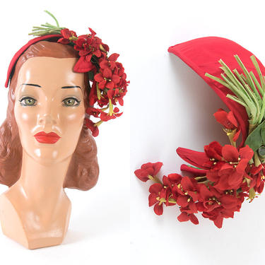 Vintage 1950s Hat | 50s Red Floral Bouquet Juliet Cap Formal Fascinator 