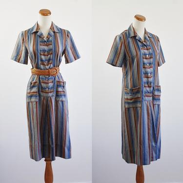 Vintage Shirtdress, Striped Dress, Collared House Dress, Short Sleeve Dress, Patch Pocket Dress, Medium 