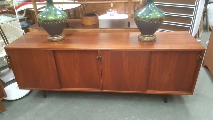 Mid-Century Modern walnut credenza with leather pulls by Florence Knoll for Knoll