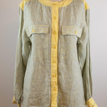 1990’s Vintage Escada Linen Yellow and Blue Striped Blouse 