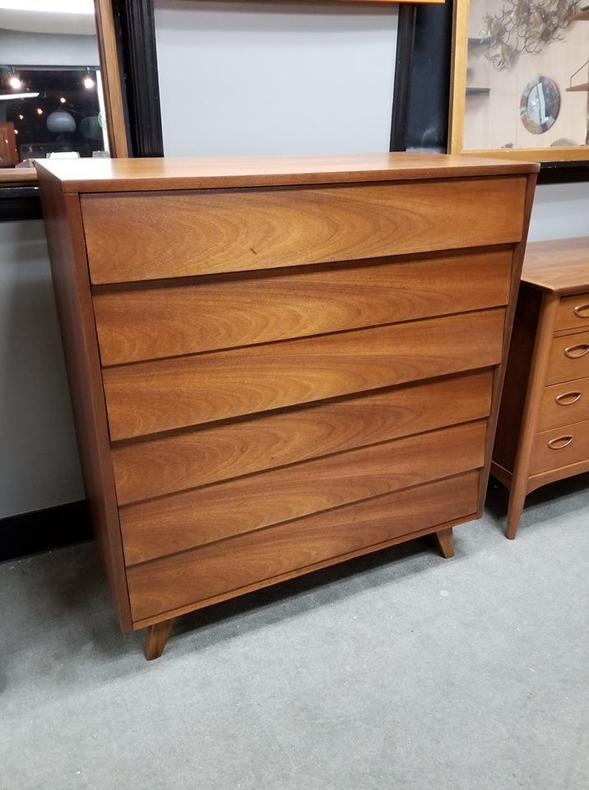                   Mid-Century Modern highboy with slat fronts