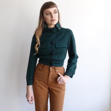 Vintage 80s Pierre Cardin Cropped Military Style Jacket/1980s Wool Green Jacket/ Size XS 
