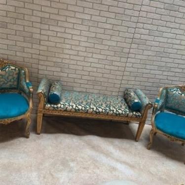 Antique Victorian Carved Chairs and Bench Newly Upholstered - 3 Piece Set