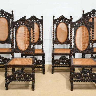 Chairs, Dining, Cane, Side, Carved Wood, Set of Six, Barley Twist! Vintage / Antique
