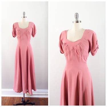 40s Pink Rayon Crepe Dress / 1940s Vintage Gown / Large / Size 10 to 12 