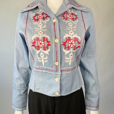 Chambray Embroidered Wide-Collar Jacket
