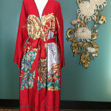Mary McFadden robe, novelty print robe, red satin robe, 1980s robe, vintage loungewear, medium, animal print, designer robe, dressing gown 