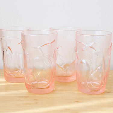 Vintage 1970s Italian Pressed Glass Pink Drinking Glasses Fruit Design - Set/4 