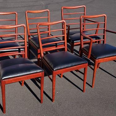 Mid Century Modern Thomasville Dining Chairs Ladder Back Red Mahogany Wood With Black Vinyl Cushions Set of 6 Table Seating 