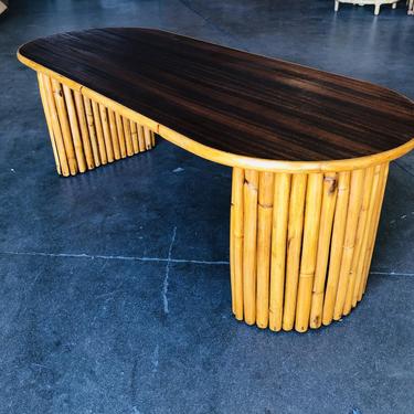 Restored Vertically Stacked Rattan Coffee Table w/ Mahogany Top 