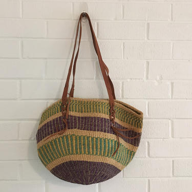 Vintage Woven Tote Bag with Leather Shoulder Straps Beach Weekender Carryall Market Brown Woven Weave Purse Handbag Purse Green Purple Blue 