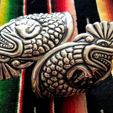 Awesome Vintage Mexican Sterling Silver Clamp Bracelet with carved serpent by NAVA Mexico 925 