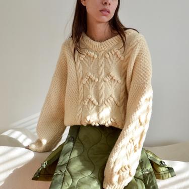 handknit cream wool bauble knit pullover cropped fisherman sweater 