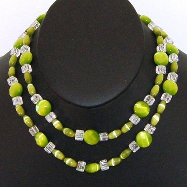 Psychedelic 60's sterling neon green cats eye discs crackle glass squares mod necklace, long 925 silver iridescent beads hip funky statement 