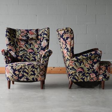 Mid-Century Modern Wingback Chairs with Bold Floral Upholstery - A Pair 