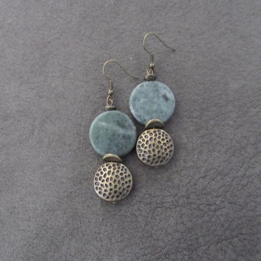 Green marble earrings, boho chic earrings, brass earrings, unique ethnic earrings, mid century modern earrings, tribal earrings, bronze 