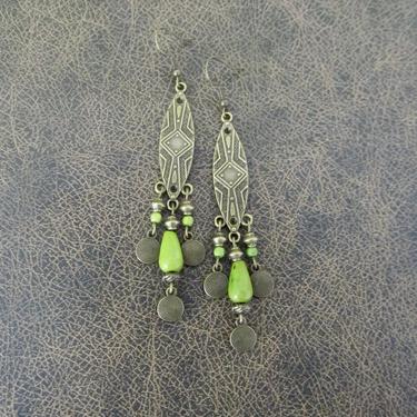 Chandelier earrings, tribal antique etched brass, boho chic earrings, ethnic earrings, Afrocentric African earrings, Nubian green earrings 