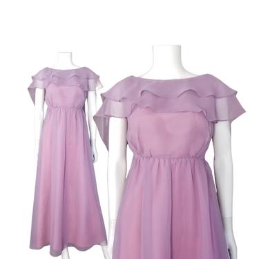 Vintage Lavender Chiffon Dress, Extra Small Petite / Empire Waist Prom Dress / Sleeveless 70s Cocktail Party Dress / 1970s Formal Maxi Dress 