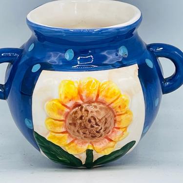 Vintage porcelain small Wall pocket vase Pretty raised sunflower floral  design- Blue polka dot background - Chip Free 