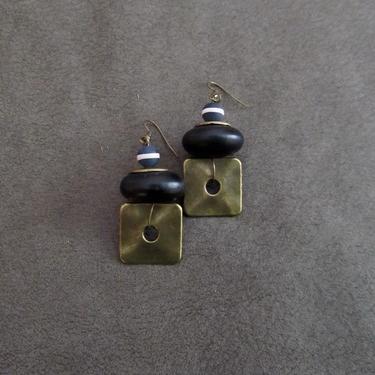 Hammered bronze earrings, geometric earrings, unique mid century modern earrings, ethnic earrings, bohemian earrings, statement, black 13 