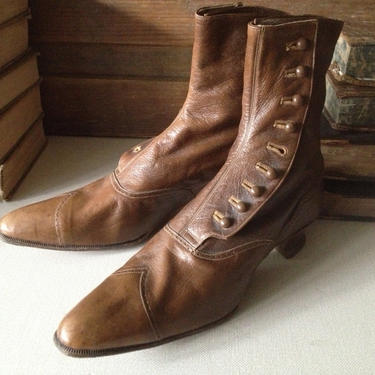 Victorian Ladies Button Boots, Brown Leather Boots, Antique French Rare Collectors Costume, Edwardian Era Brown Leather Button Ankle Boots 
