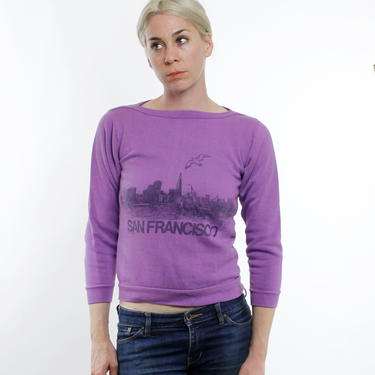 Vintage 70's lightweight San Francisco print sweatshirt, light purple / lavender / violet,  boatneck, acrylic / cotton blend - XS / Small 