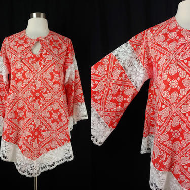 Vintage Seventies Small Red Bandana Print Bell Sleeve Blouse - 70s Peasant Top 