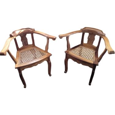 VINTAGE Cane Chairs, Anglo Indian Solid Padauk Wood Carved Lyre Back Cane Seat Arm Chair 