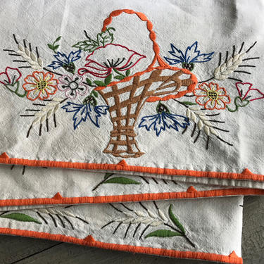 French Shelf Runner, Cheminee, Fireplace, Hand Embroidered Floral Basket, Orange Border 
