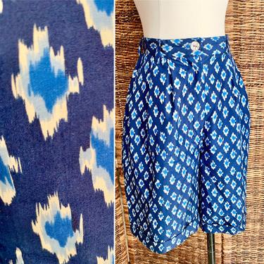 Silk Shorts, High Waist, Tribal Ikat Pattern, Side Pockets, Vintage 90s 