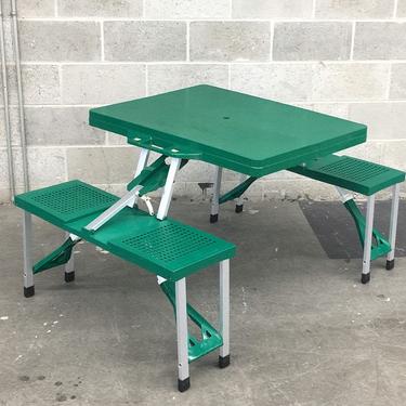 Vintage Folding Picnic Table Retro 1990s Camping Furniture + Green Plastic + Silver Metal + Folds Up + Table and 4 Chairs + Outdoor Dining 