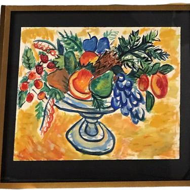 Framed Still Life of Fruits on Footed Vessel by a 1950s NYC Anonymous Painter.