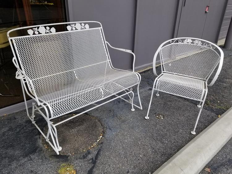 Vintage wrought iron patio rocking bench and matching chair