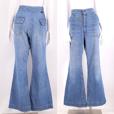 70s Wrangler denim bell bottoms jeans 29 / vintage 1970s worn in flap pocket flares pants 8-10 M 