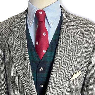 Vintage 100% WOOL TWEED Wool Blazer ~ 46 to 48 Long ~ Herringbone jacket / sport coat ~ Ivy Style / Preppy / Trad 