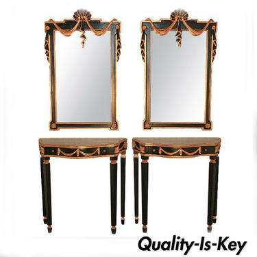 Pair French Neoclassical Style Black Gold Console Tables &amp; Mirrors Jansen Style
