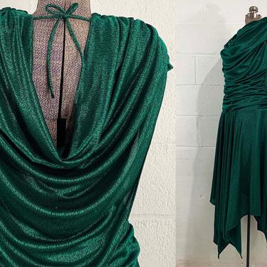 Vintage Green Dress Mermaid Sleeveless Midi Hi-Low Asymmetrical Formal Disco Glam 1980s 80s Prom New Year's Eve Party Cocktail Medium Large 