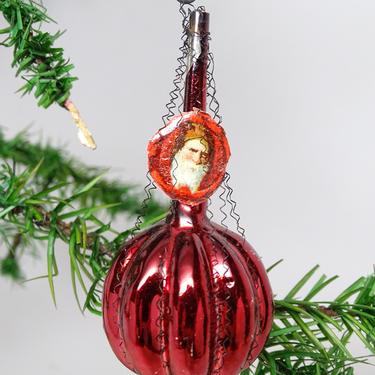 Antique Small Wire Wrapped Mercury Glass Ornament with Santa Paper Scrap, Vintage for Feather Christmas Tree 