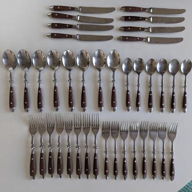 Vintage Modern Wood Handle Bistro Style Forged Stainless Flatware - Set of 54 