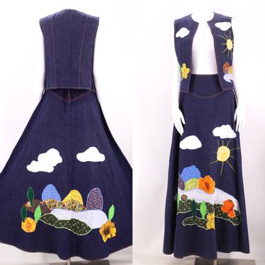 70s DOTTI DIDIT appliqué denim set 8 / vintage 1970s art to wear vest top & maxi skirt dress M 