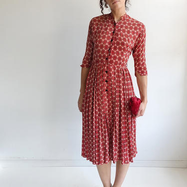 Vintage 40s Rayon Dot Print Dress/ 1940s Quarter Length Sleeve Polka Dot Dress/ Size XS Small 