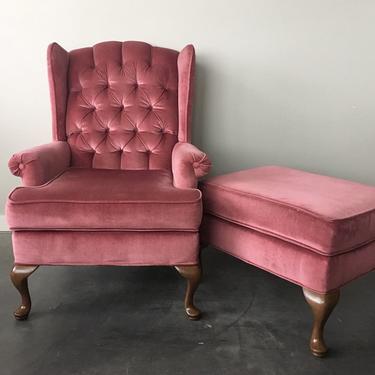 vintage tufted pink wingback chair + ottoman