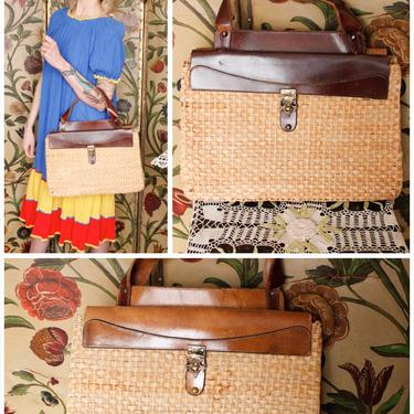 1960s Bag // Oversized Leather and Straw handbag // vintage 60s handbag 