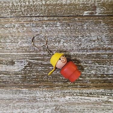 1960s Vintage Fisher Price Little People Keychain, Smiling Boy, Yellow Pot Hat w/ Handle, Freckles, All Wood, Key Ring Charm, Retro Toys 