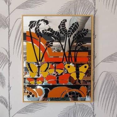 Vintage Artwork, Screen Print, Mirror, Butterflies, Palm Leaves, Sharon Art Concept, circa 60's 
