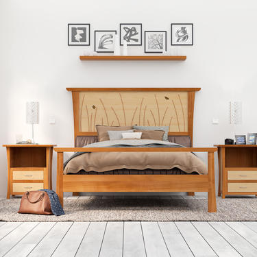 Bed Frame King Size,  Queen, Headboard, Platform Bed, Cherry, Curly Maple, Handmade Inlay, &quot;Butterfly Bed&quot; by NathanHunterDesign