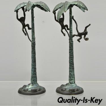 Pair Cast Bronze Figural Tropical Monkey Palm Tree Figure Table Statue Sculpture