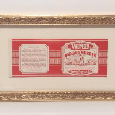 Vintage 1930s Valmor Bed Bug Murder Label Framed Advertisement 13x7 