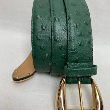 90’s green perforated ostrich style belt~ boho hipster slim leather dress belt~ emerald green 1990’s trend size L ~31”-34” waist 