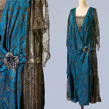 INCREDIBLE Couture 1920s Dress / 20s Metallic Gown / Bright Blue / METAL FIBERS Lace / Lame / Exquisite Museum Quality 